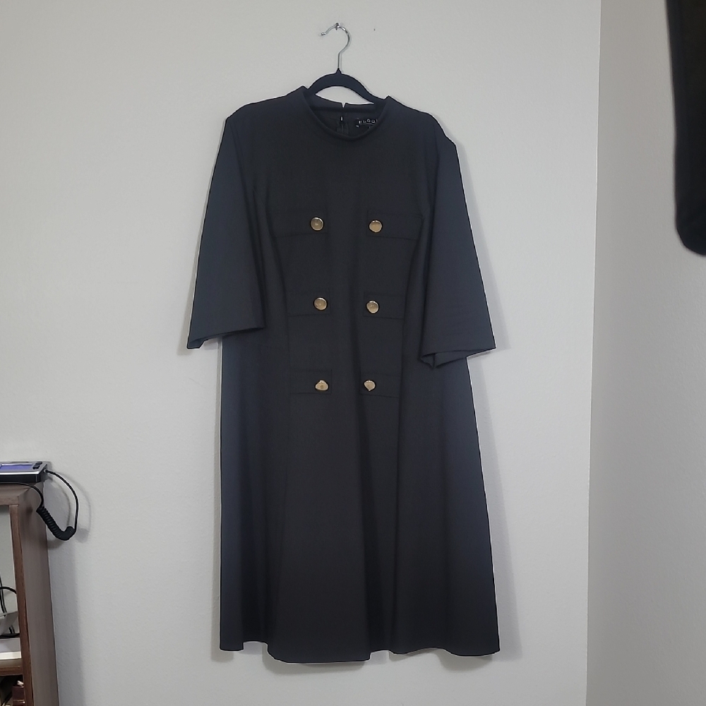 Eloquii Mock Neck Military Dress Size 20 Black Gold Buttons Sleeves Midi Classi - Picture 3 of 14